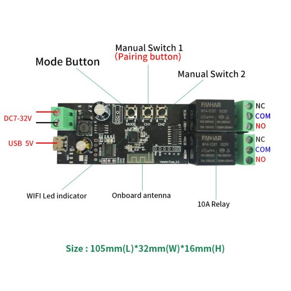 Smart life 12V 2CH DC Relay module Autogate Inching/Self locking auto gate