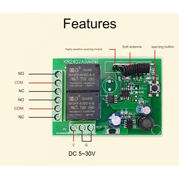 433MHz RF DC 6V-24V Relay Module 2CH Inching Self-locking Latched