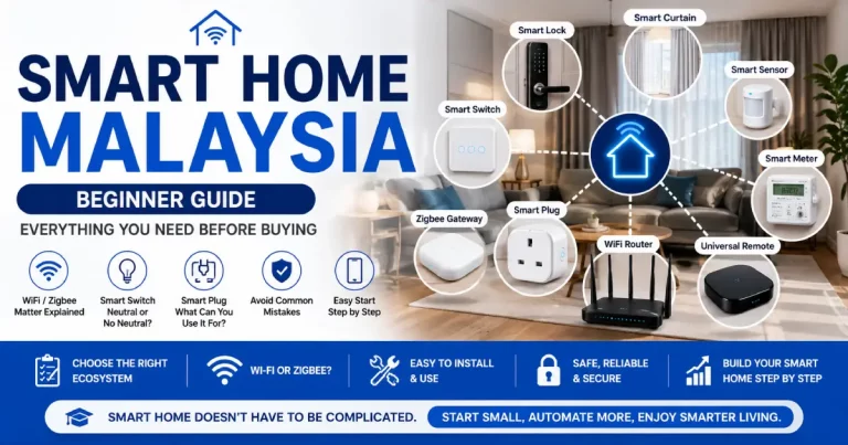 Smart Home Malaysia beginner guide showing smart switches, smart plugs, smart locks, Zigbee gateway and WiFi smart devices